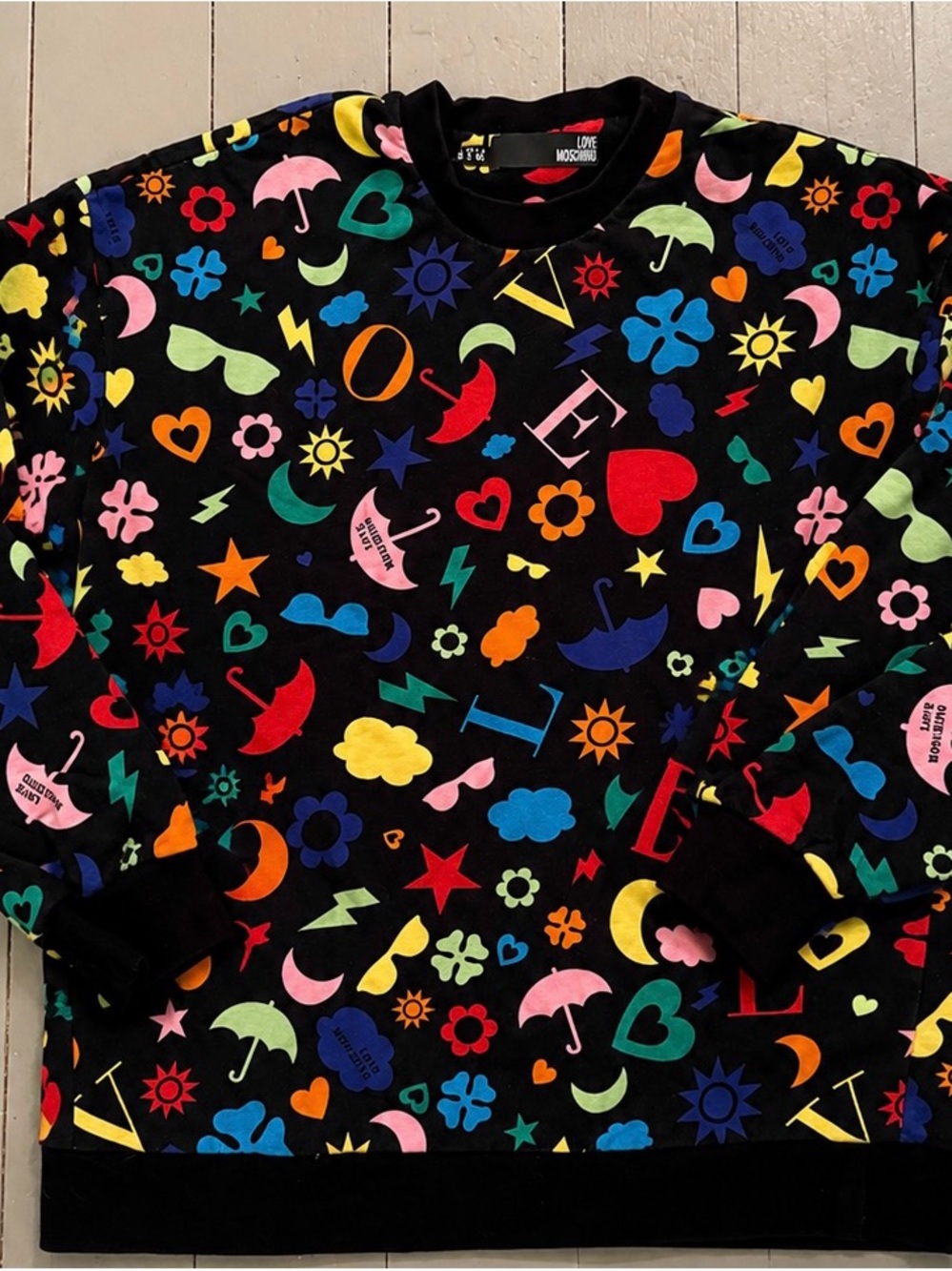 Love Moschino Black Crewneck with Multicolor Icon Print